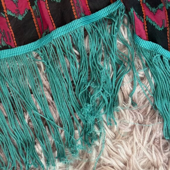 Lularoe Monroe Kimono (Black/Teal/Orange Abstract Design & Bright Teal Fringe) - Picture 3 of 3
